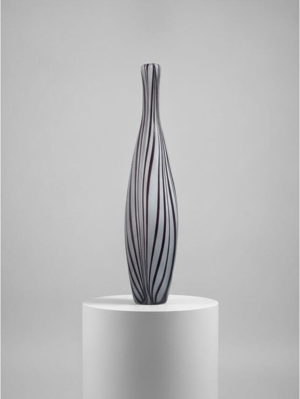 MCM Style Tall Black White Swirl Cased Art Glass Bottle Vase Zebra Stripe